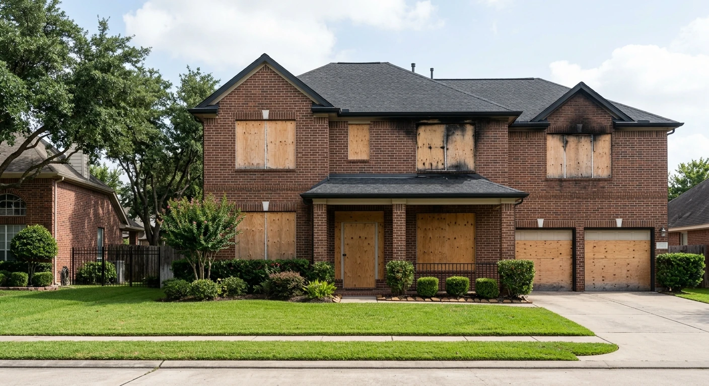 Plywood board-up securing a fire-damaged home's windows and doors