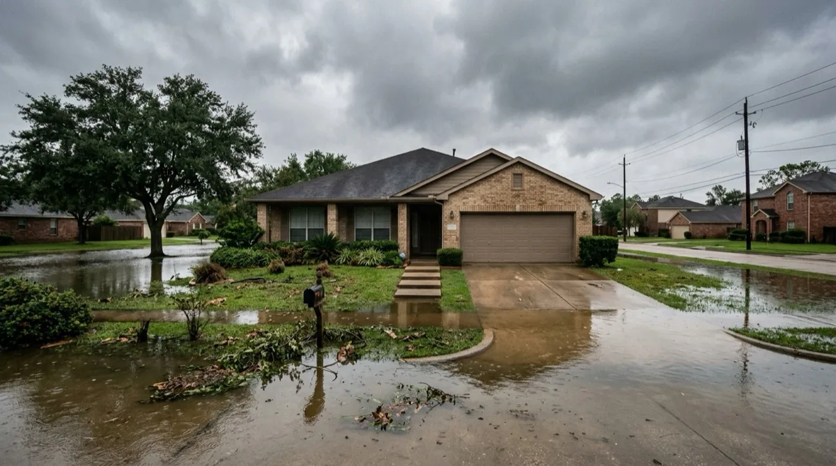 A Central Texas home with floodwater across the front yard after a heavy storm