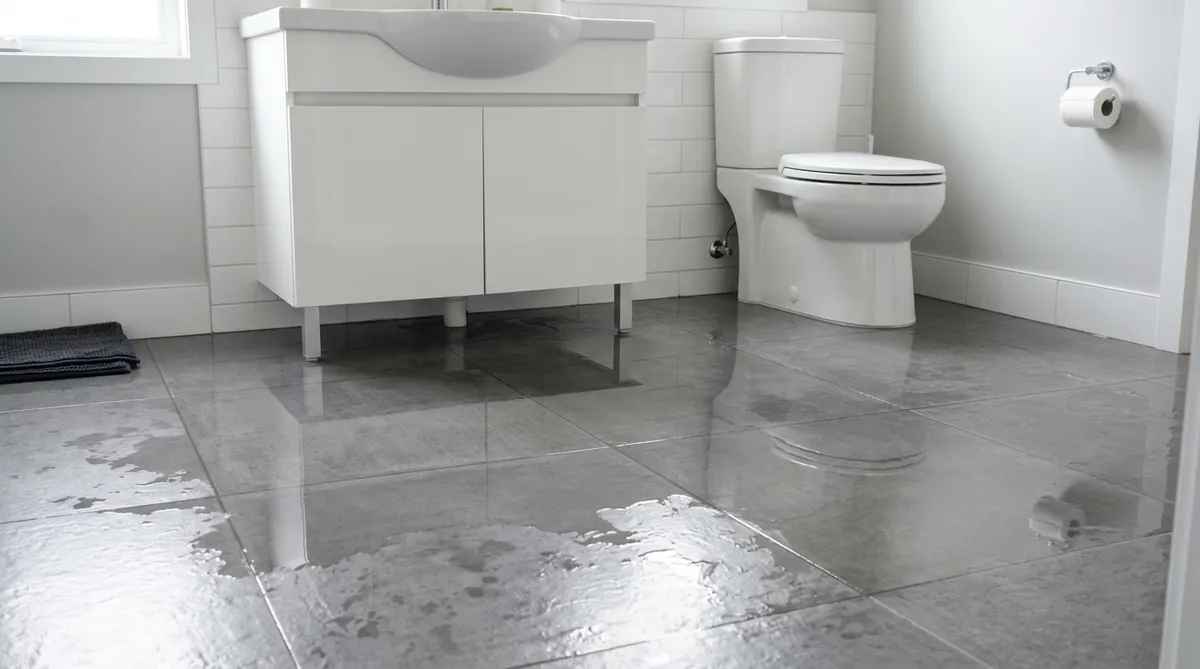 Water pooling across a bathroom tile floor from an overflowing fixture