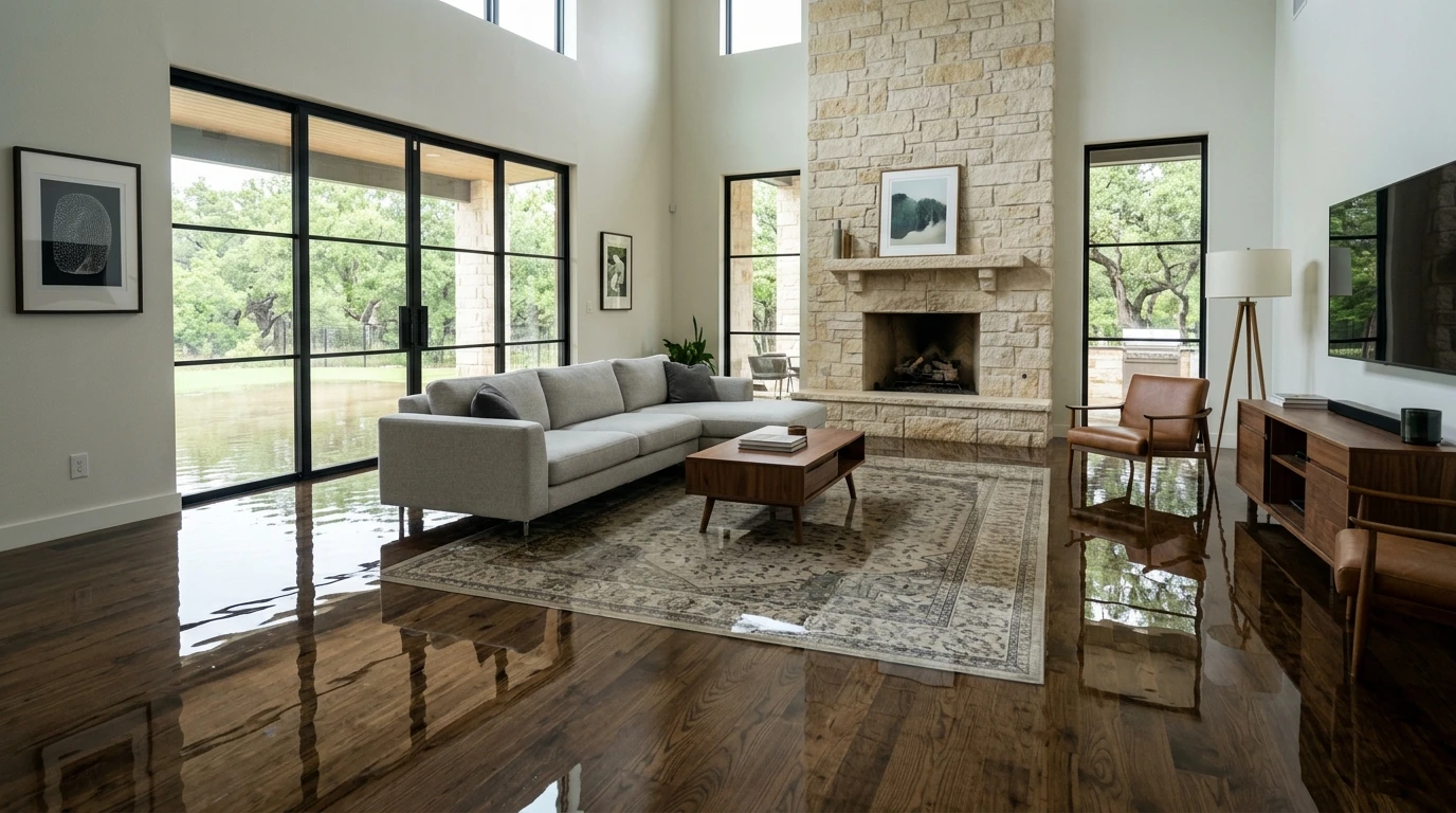 Storm floodwater rising around a single-story Austin home