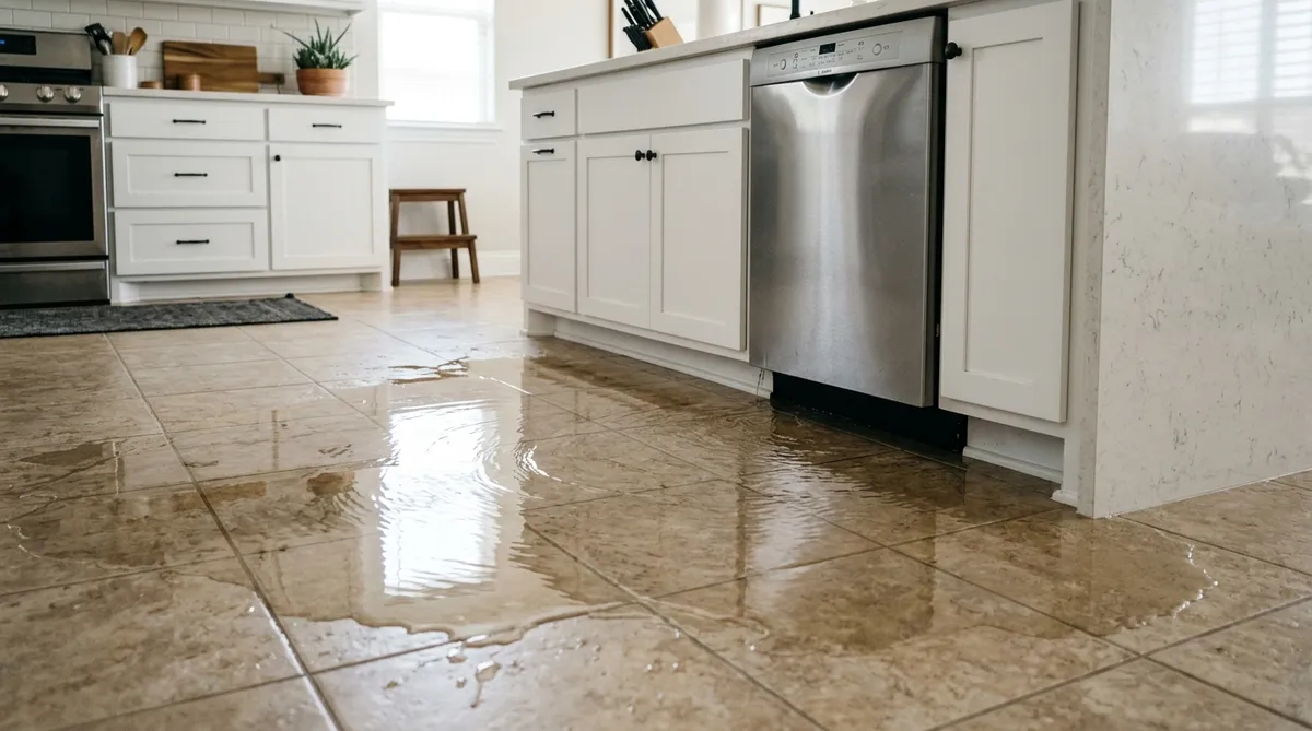 Water spreading across a kitchen floor from a leaking appliance