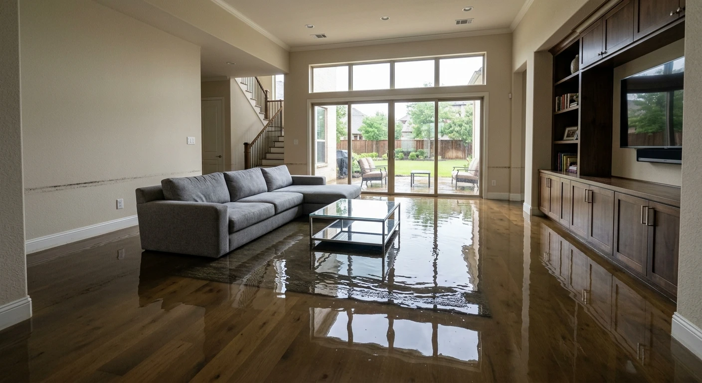 Floodwater covering the hardwood floor of a flooded living room in a Texas home