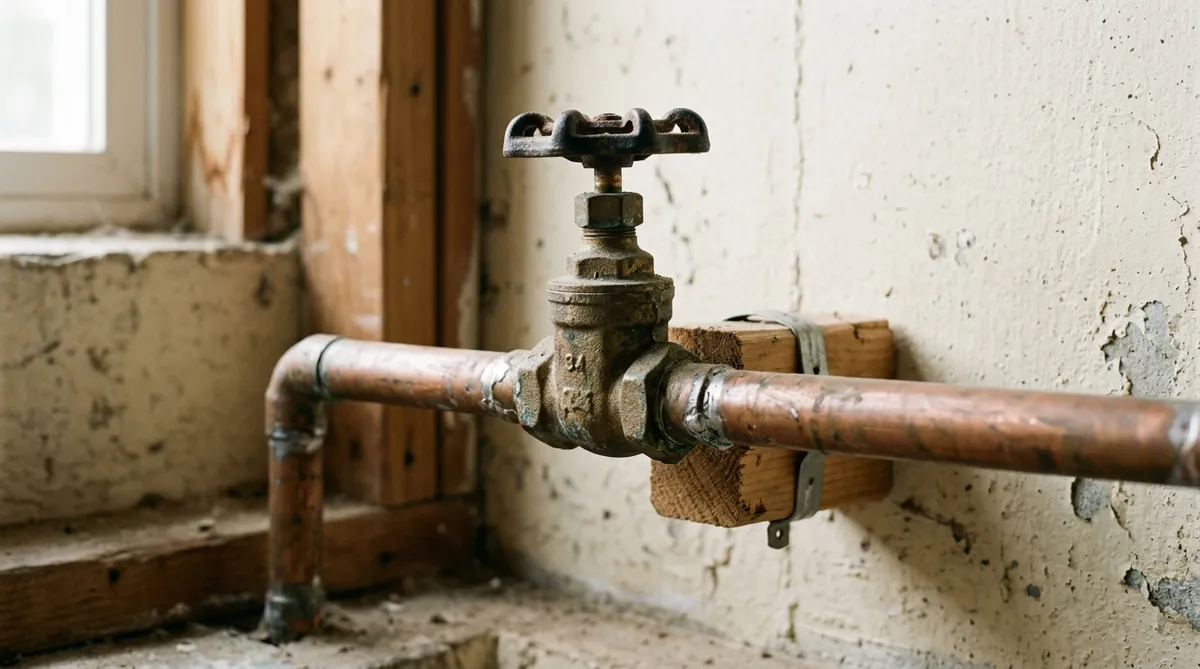 A home's main water shut-off valve, the first defense against a burst pipe