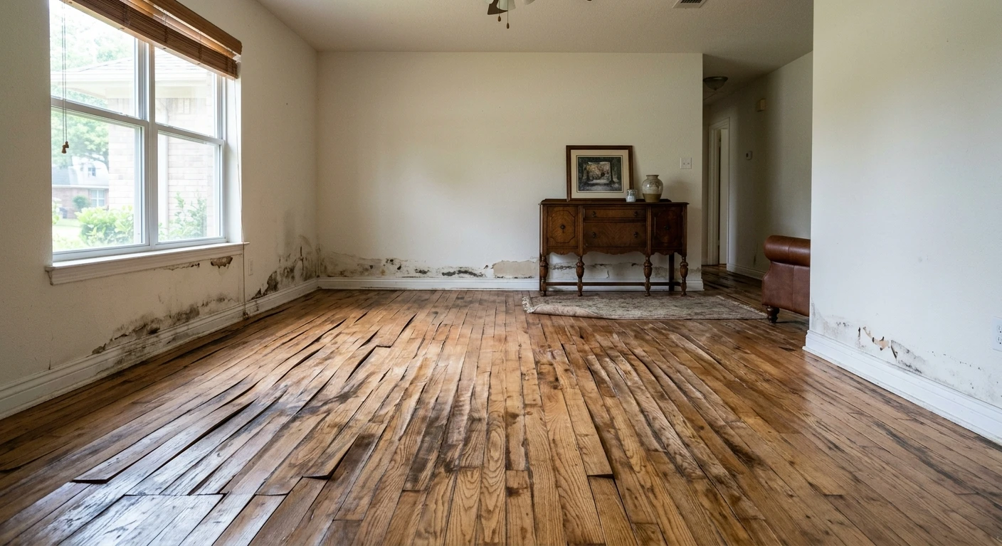Buckled hardwood floors and water-stained baseboards in a Texas home after water damage