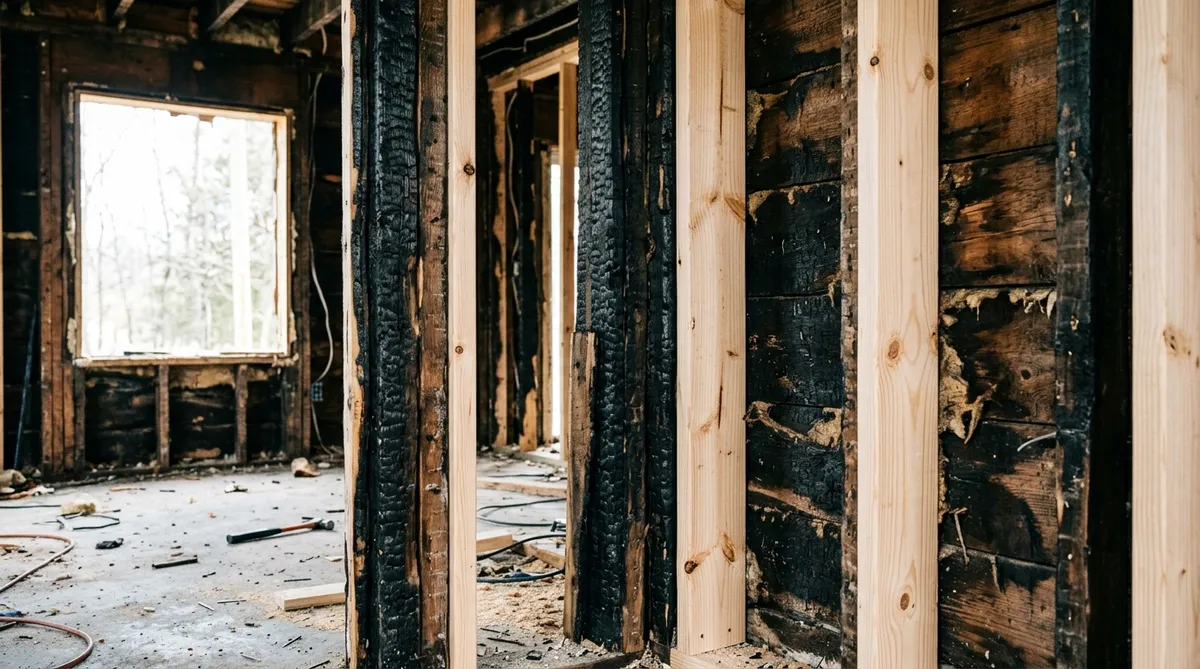 New framing lumber replacing fire-charred structure during a rebuild