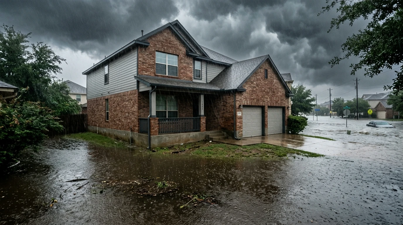 Storm runoff pooling against the foundation of a home